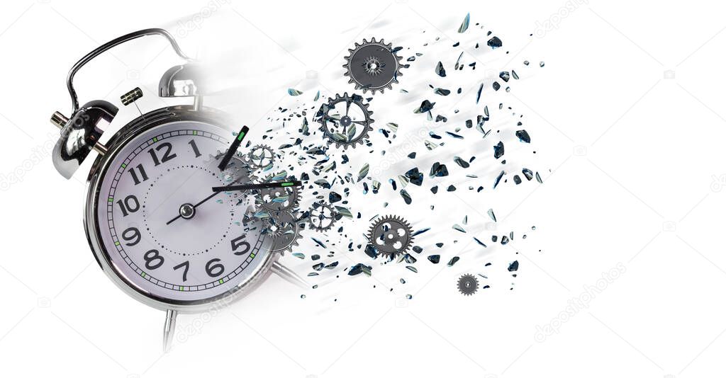 end time life destruction bad feeling psychology clock gears parts explosion finish isolated  - 3d rendering
