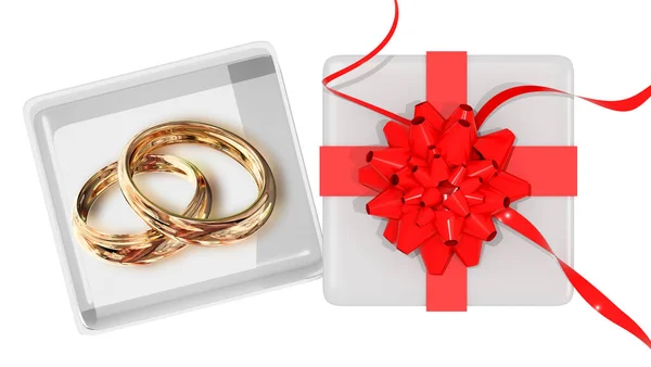 Pierścienie Złoty Ślub Ślub Prezent Pudełko Otwarte Puste Umieścić Swój — Zdjęcie stockowe