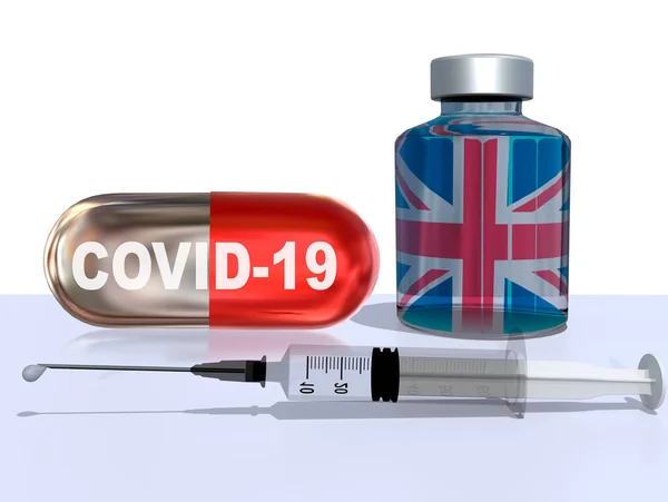 Covid Coronavirus Vaccine New Pionneer England Flag New Pill Syrigne — Stock Photo, Image