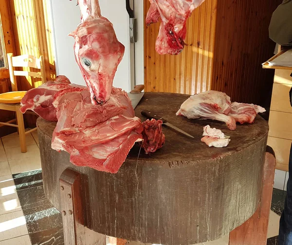 meat  slaughtered hunged in a  butcher goats  lambs in greece