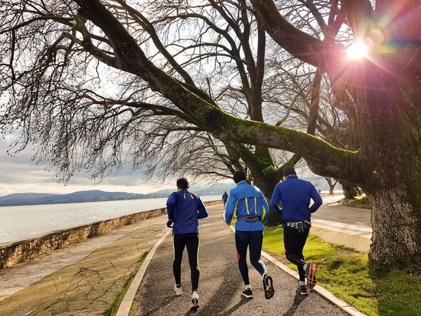 Corredores Executar Esportes Por Sol Vigas Árvores Inverno Eveing Ioannina — Fotografia de Stock