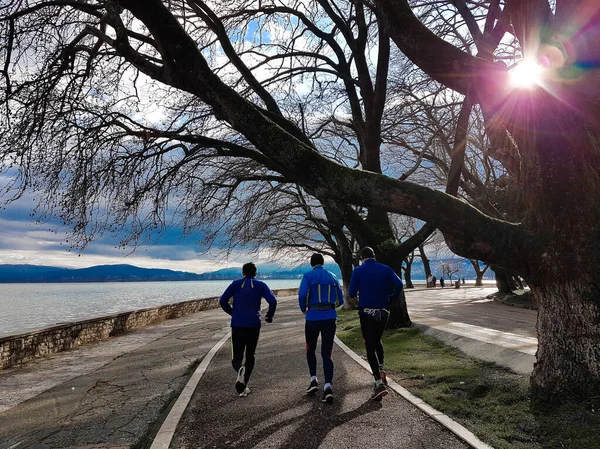 Corredores Executar Esportes Por Sol Vigas Árvores Inverno Eveing Ioannina — Fotografia de Stock