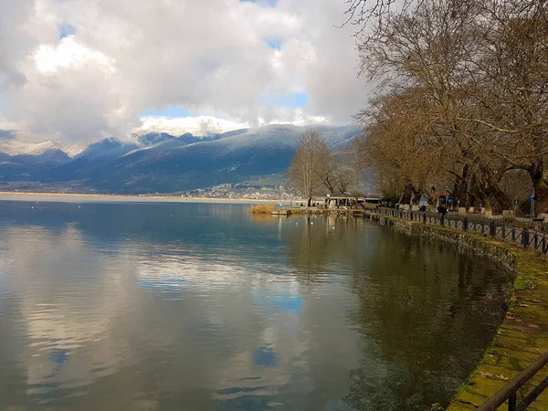 Ioannina Lago Noite Inverno Temporada Muitas Árvores Estrada Pavimento Grécia — Fotografia de Stock