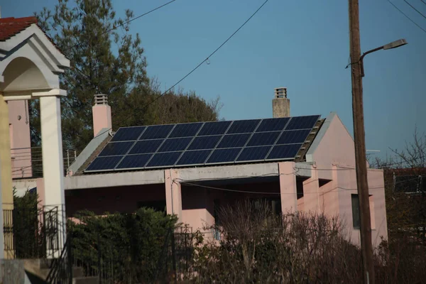 solar panels on the roof of a house alternative energy green fir tree nature