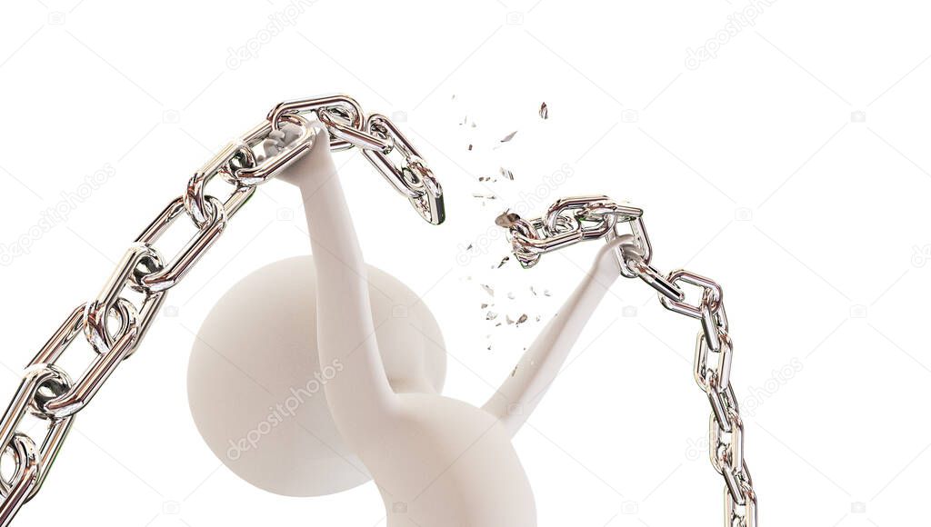 breaking chain by man human 3d white character isolated  background  covid coronavirus- 3d rendering