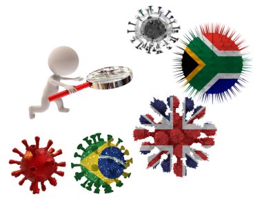 covid virus mutation covid-19 coronavirus british brazilian south african  background pandemic search, research, human character zoom len  - 3d rendering clipart