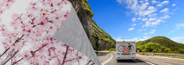 spring turns to summer page turning almonds tree flowers summer caravan car road vacations travel holidays tourism drive - 3d rendernig
