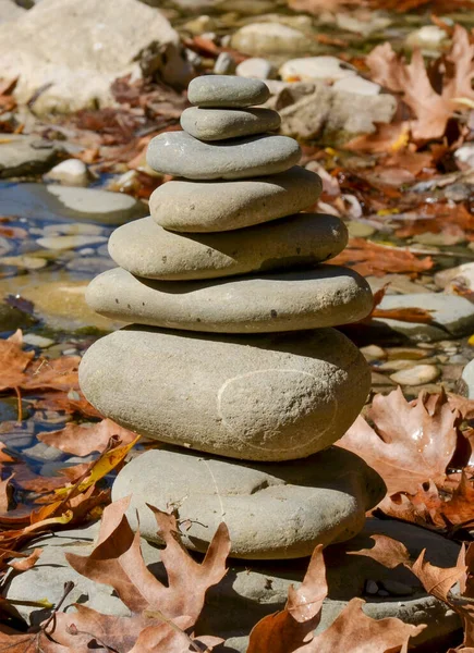 stack of rock balancing  in a river autumn season dry leaves around