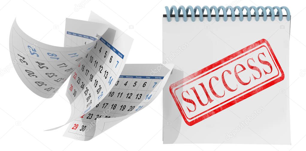 success day comming , seal on a calendar and flying pages  isolated background and text  - 3d rendering