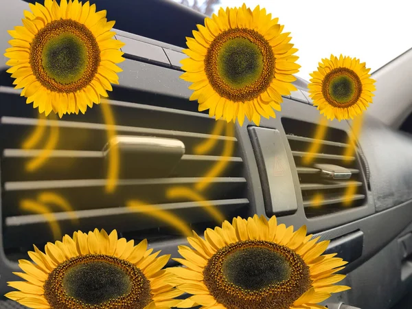 Vantilatör içerisindeki hava iletkenleri. Çiçek ayçiçeği arka planı.