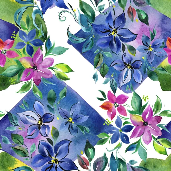 Akwarela niebieski dziki kwiat druk Płynny wzór — Zdjęcie stockowe