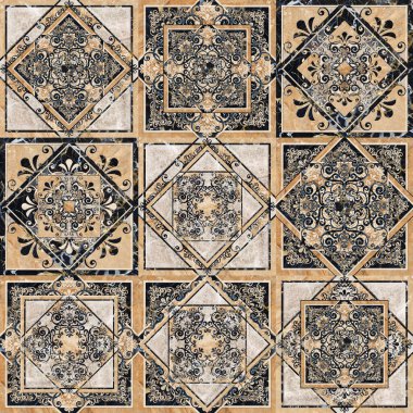 Dijital fayans tasarımı. Üç boyutlu rengarenk seramik duvar ve döşeme döşemeleri dekorasyonu. Geometrik ve çiçekli desenli soyut damasyon yama deseni, antika dijital tasarım 