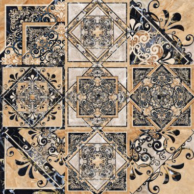 Dijital fayans tasarımı. Üç boyutlu rengarenk seramik duvar ve döşeme döşemeleri dekorasyonu. Geometrik ve çiçekli desenli soyut damasyon yama deseni, antika dijital tasarım 