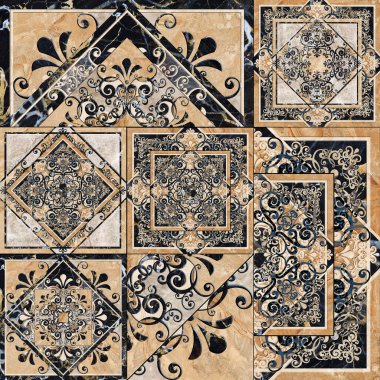 Dijital fayans tasarımı. Üç boyutlu rengarenk seramik duvar ve döşeme döşemeleri dekorasyonu. Geometrik ve çiçekli desenli soyut damasyon yama deseni, antika dijital tasarım 