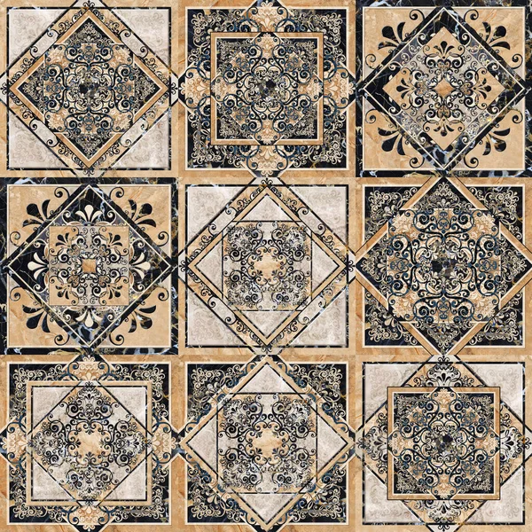 Dijital fayans tasarımı. Üç boyutlu rengarenk seramik duvar ve döşeme döşemeleri dekorasyonu. Geometrik ve çiçekli desenli soyut damasyon yama deseni, antika dijital tasarım 