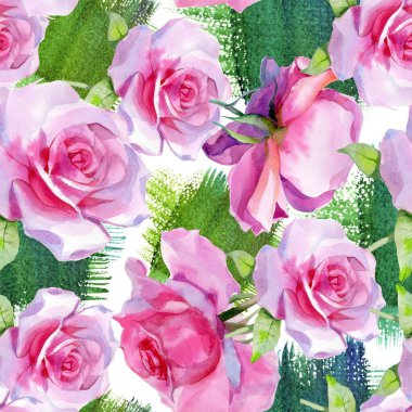 Kırmızı pembe suluboya güller ve altın sarısı antik akantisler. Kusursuz desen. Yüksek kalite fotoğraf