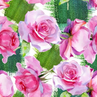 Kırmızı pembe suluboya güller ve altın sarısı antik akantisler. Kusursuz desen. Yüksek kalite fotoğraf