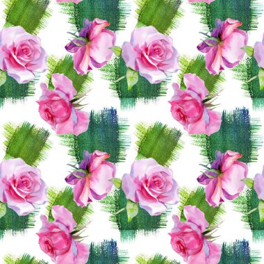 Kırmızı pembe suluboya güller ve altın sarısı antik akantisler. Kusursuz desen. Yüksek kalite fotoğraf