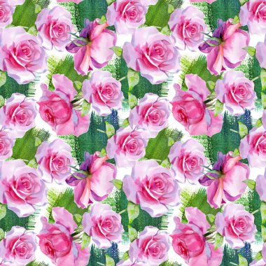 Kırmızı pembe suluboya güller ve altın sarısı antik akantisler. Kusursuz desen. Yüksek kalite fotoğraf