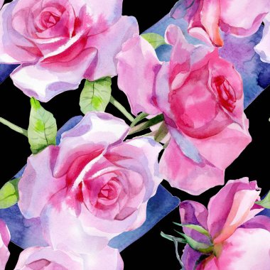 Kırmızı pembe suluboya güller ve altın sarısı antik akantisler. Kusursuz desen. Yüksek kalite fotoğraf