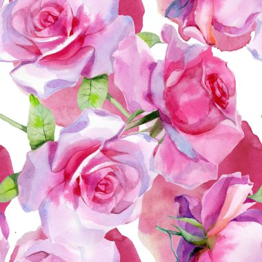 Kırmızı pembe suluboya güller ve altın sarısı antik akantisler. Kusursuz desen. Yüksek kalite fotoğraf