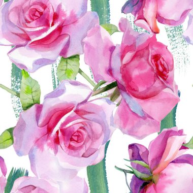 Kırmızı pembe suluboya güller ve altın sarısı antik akantisler. Kusursuz desen. Yüksek kalite fotoğraf