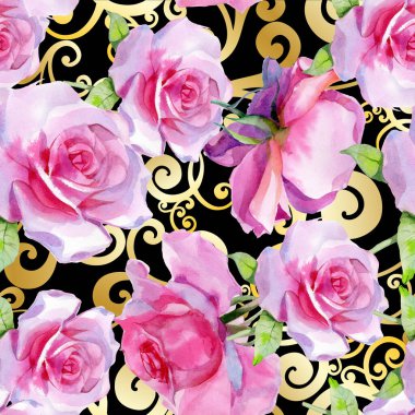 Kırmızı pembe suluboya güller ve altın sarısı antik akantisler. Kusursuz desen. Yüksek kalite fotoğraf