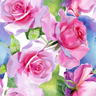 Kırmızı pembe suluboya güller ve altın sarısı antik akantisler. Kusursuz desen. Yüksek kalite fotoğraf