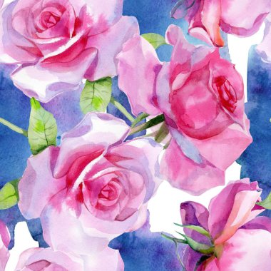 Kırmızı pembe suluboya güller ve altın sarısı antik akantisler. Kusursuz desen. Yüksek kalite fotoğraf