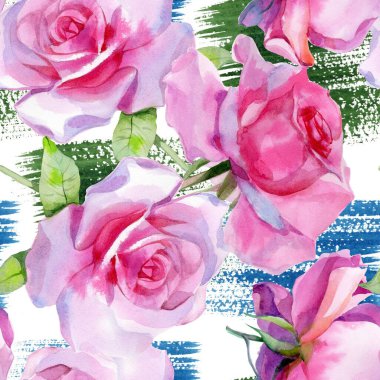 Kırmızı pembe suluboya güller ve altın sarısı antik akantisler. Kusursuz desen. Yüksek kalite fotoğraf