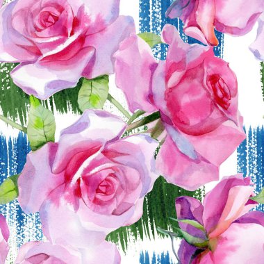 Kırmızı pembe suluboya güller ve altın sarısı antik akantisler. Kusursuz desen. Yüksek kalite fotoğraf