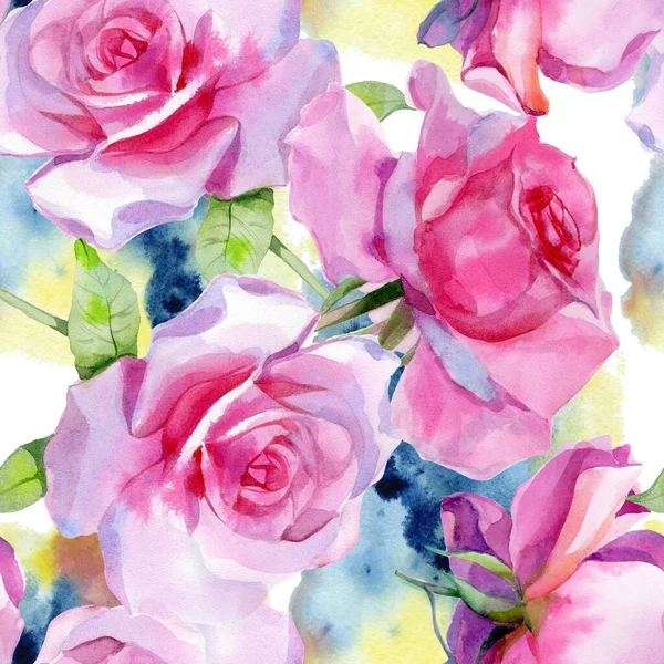 Kırmızı pembe suluboya güller ve altın sarısı antik akantisler. Kusursuz desen. Yüksek kalite fotoğraf