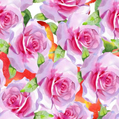 Kırmızı pembe suluboya güller ve altın sarısı antik akantisler. Kusursuz desen. Yüksek kalite fotoğraf