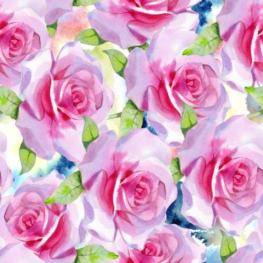 Kırmızı pembe suluboya güller ve altın sarısı antik akantisler. Kusursuz desen. Yüksek kalite fotoğraf