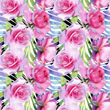 Kırmızı pembe suluboya güller ve altın sarısı antik akantisler. Kusursuz desen. Yüksek kalite fotoğraf