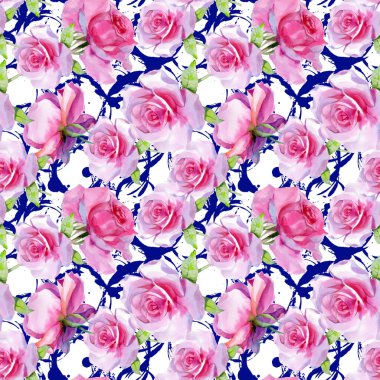 Kırmızı pembe suluboya güller ve altın sarısı antik akantisler. Kusursuz desen. Yüksek kalite fotoğraf