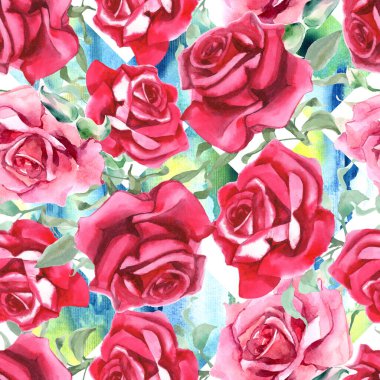Suluboya pembe ve kırmızı güller. Kusursuz desen. Suluboya arka plan. Yüksek kaliteli illüstrasyon