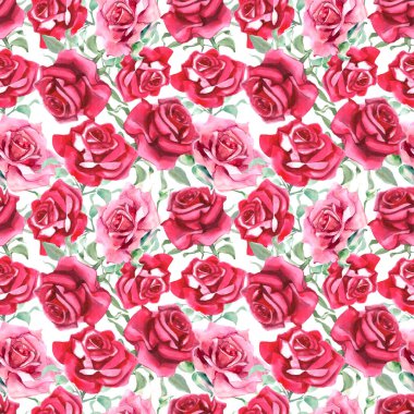 Suluboya pembe ve kırmızı güller. Kusursuz desen. Suluboya arka plan. Yüksek kaliteli illüstrasyon