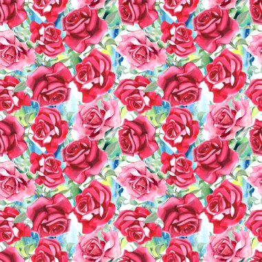 Suluboya pembe ve kırmızı güller. Kusursuz desen. Suluboya arka plan. Yüksek kaliteli illüstrasyon