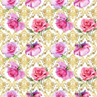 Kırmızı pembe suluboya güller ve altın sarısı antik akantisler. Kusursuz desen. Yüksek kalite fotoğraf