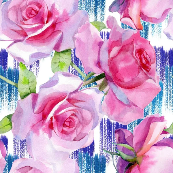 Kırmızı pembe suluboya güller ve altın sarısı antik akantisler. Kusursuz desen. Yüksek kalite fotoğraf