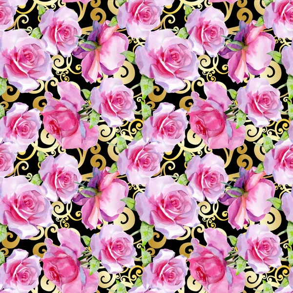 Kırmızı pembe suluboya güller ve altın sarısı antik akantisler. Kusursuz desen. Yüksek kalite fotoğraf