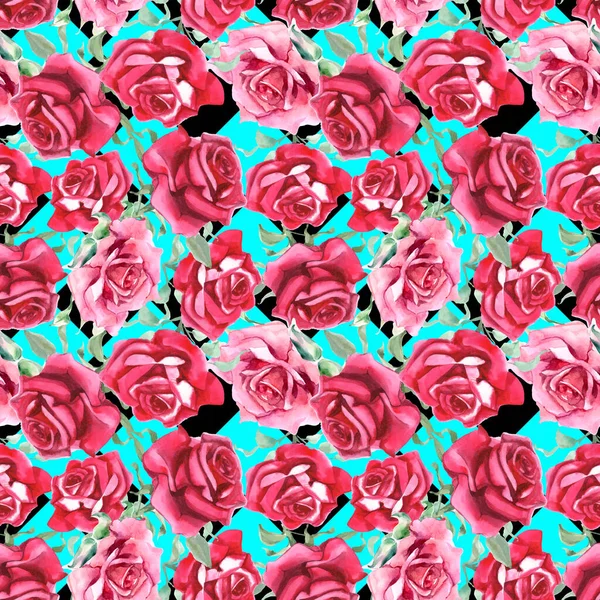 Suluboya pembe ve kırmızı güller. Kusursuz desen. Suluboya arka plan. Yüksek kaliteli illüstrasyon