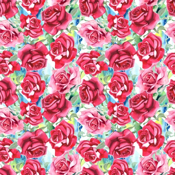 Suluboya pembe ve kırmızı güller. Kusursuz desen. Suluboya arka plan. Yüksek kaliteli illüstrasyon