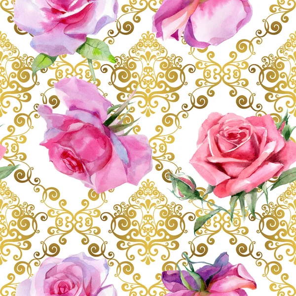 Red pink watercolor roses with gold vintage ancient acanthus. Seamless pattern. High quality photo