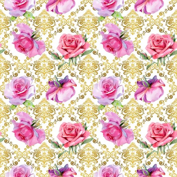 Red pink watercolor roses with gold vintage ancient acanthus. Seamless pattern. High quality photo