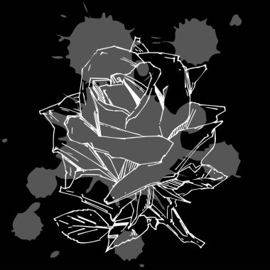 El çizimi gül. Vektör çizimi. Klasik dövme tarzı gül. Tasarım için çiçek motifi çizimi.