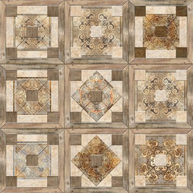 Dijital fayans tasarımı. 3 boyutlu rengarenk seramik duvar döşemeleri dekorasyonu. Soyut damaske desenli geometrik ve çiçekli süsler, eski fayanslar karmaşık detaylar. Yüksek kalite fotoğraf