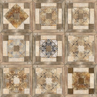 Dijital fayans tasarımı. 3 boyutlu rengarenk seramik duvar döşemeleri dekorasyonu. Soyut damaske desenli geometrik ve çiçekli süsler, eski fayanslar karmaşık detaylar. Yüksek kalite fotoğraf