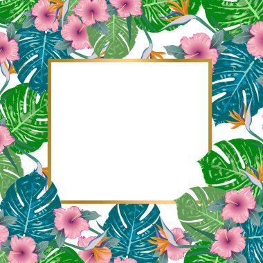 Vektör pankartı Summer yeşil tropikal broşür tasarımı canavar palmiye yaprakları ve leopar lekeleri. Boşluğu Kopyala